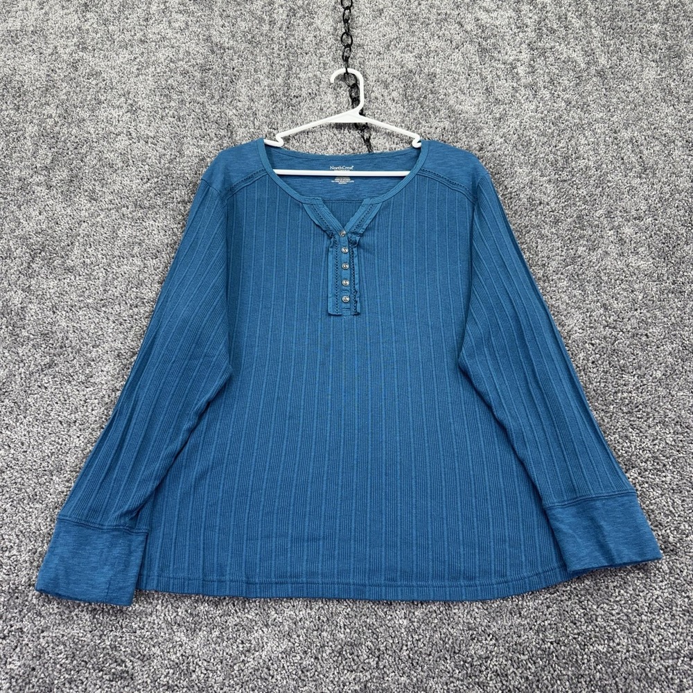 Northcrest Shirt Womens 3X Blue Long Sleeve Henley Ribbed Knit Casual Top